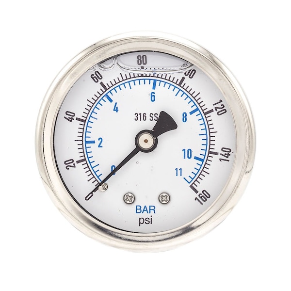 Pro 2 in Dial, 0/160 PSI & Bar, 1/4 in NPT, Back Mount Glycerin Filled Pressure Gauge PRO-302L-204F-01 - main